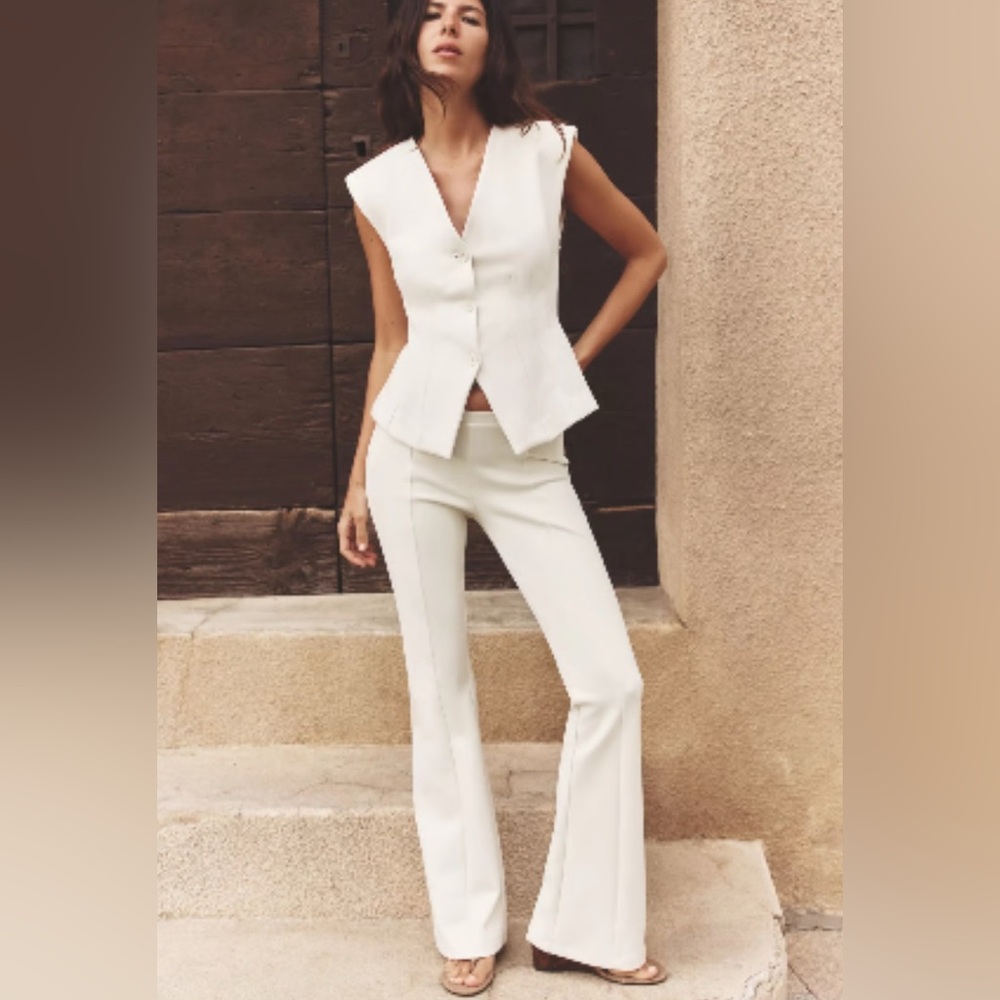 Zara Vest Flare Pants Set Interlock Cream Ecru NWT XS